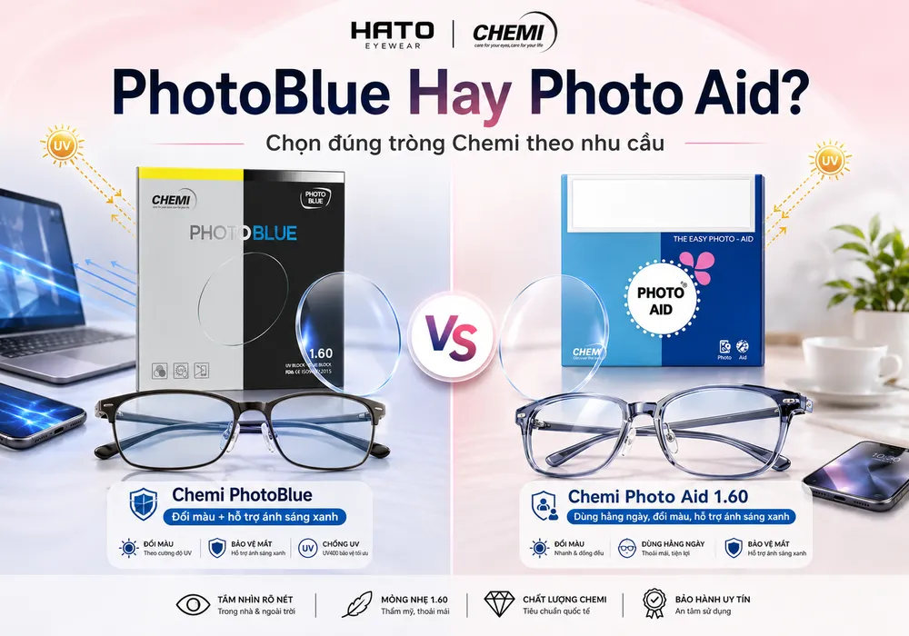 Ảnh minh họa so sánh Chemi PhotoBlue và Chemi Photo Aid 1.60, giúp người dùng chọn đúng tròng kính Chemi theo nhu cầu sử dụng