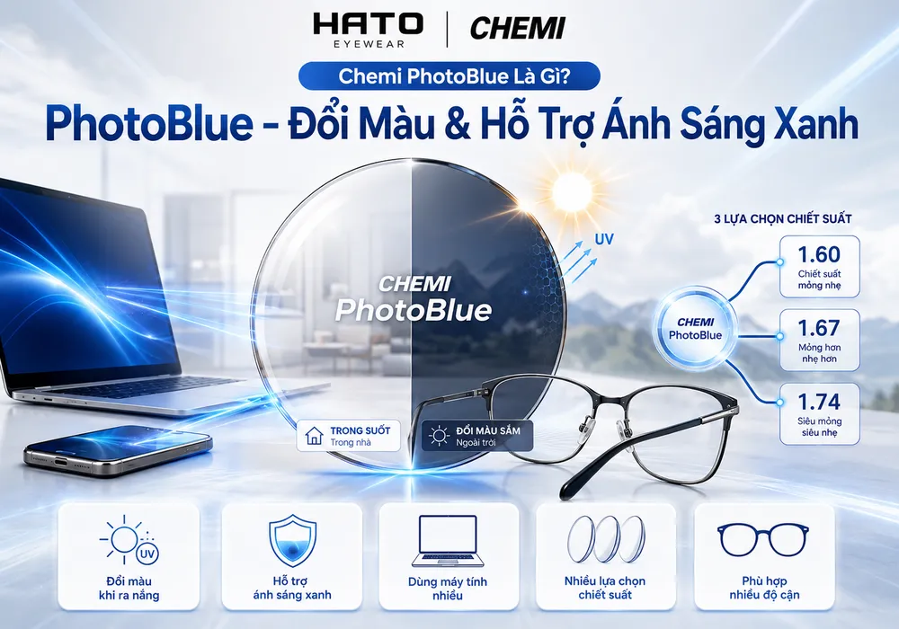 Tròng kính Chemi PhotoBlue đổi màu hỗ trợ ánh sáng xanh với các lựa chọn chiết suất 1.60, 1.67 và 1.74.
