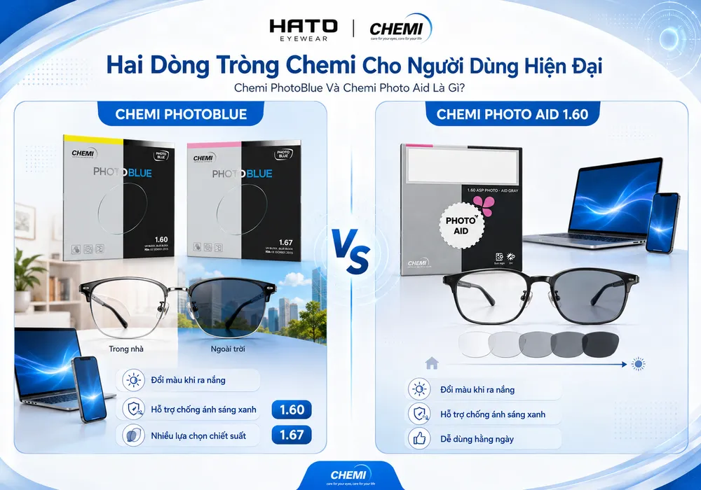 So sánh Chemi PhotoBlue và Chemi Photo Aid 1.60, hai dòng tròng kính Chemi đổi màu hỗ trợ chống ánh sáng xanh cho người dùng hiện đại.