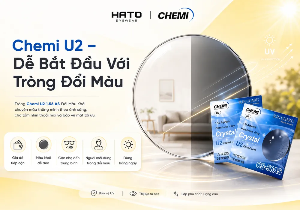 Tròng kính Chemi U2 1.56 AS đổi màu khói dùng hằng ngày tại HATO Eyewear.