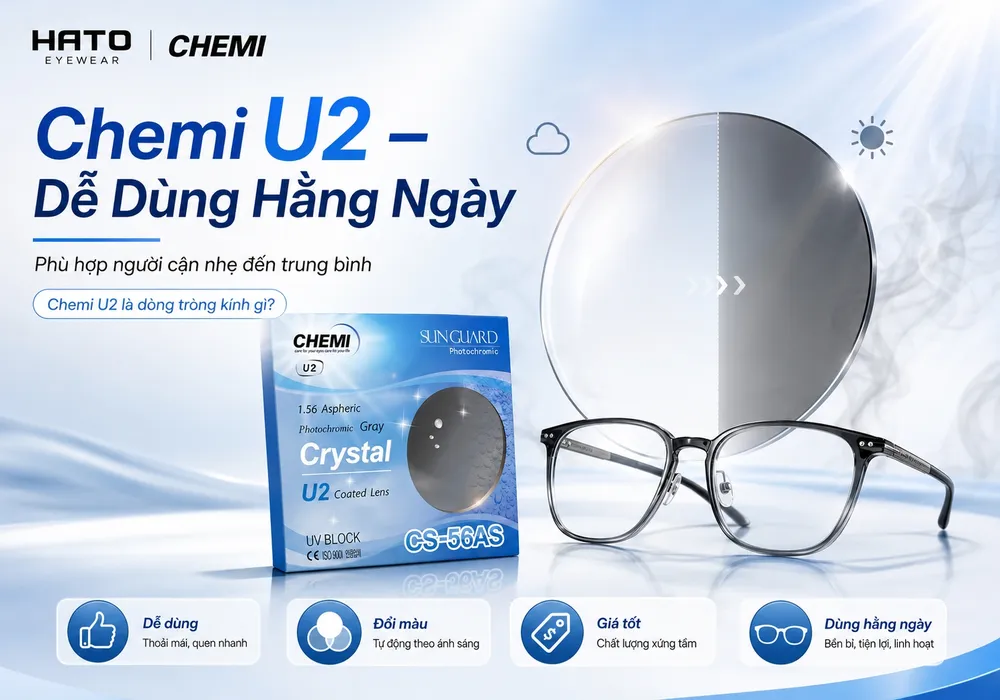 Chemi U2 là dòng tròng kính đổi màu khói dễ dùng hằng ngày, phù hợp người cận nhẹ đến trung bình tại HATO Eyewear.