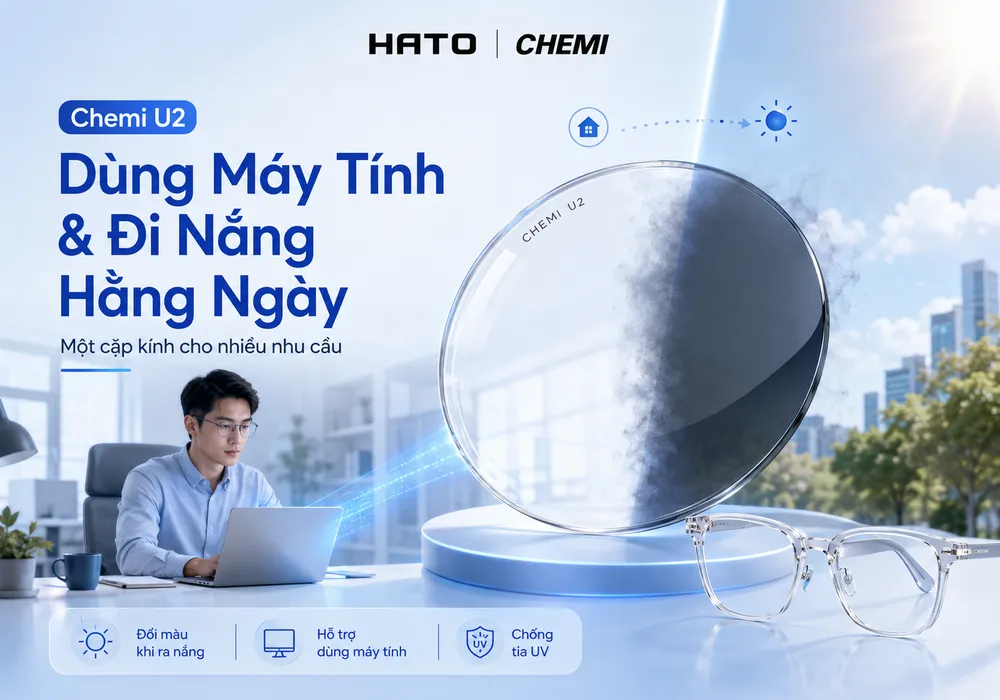 Người trẻ đeo kính làm việc với laptop bên cạnh minh họa tròng kính Chemi U2 đổi màu, hỗ trợ dùng máy tính và đi nắng hằng ngày.