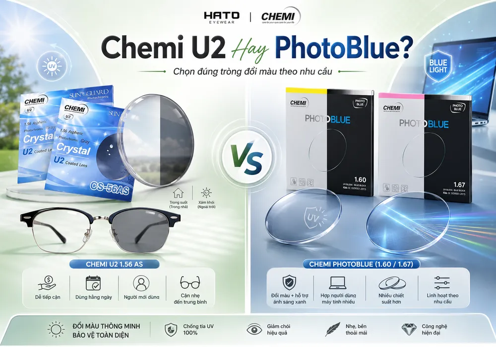 Chemi U2 hay Chemi PhotoBlue, giúp người dùng dễ hiểu sự khác nhau giữa tròng đổi màu cơ bản và tròng đổi màu hỗ trợ ánh sáng xanh, từ đó chọn loại phù hợp với nhu cầu sử dụng hằng ngày tại HATO Eyewear.
