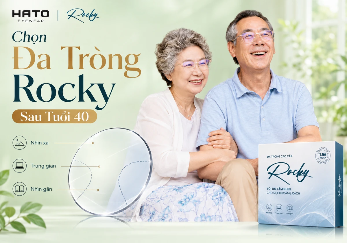 Cặp đôi trung niên đeo kính đa tròng Rocky với minh họa 3 vùng nhìn xa, trung gian và gần sau tuổi 40
