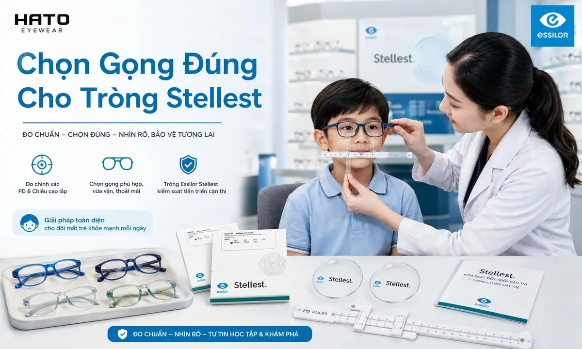 Ảnh minh họa chuyên viên mắt kính đang chọn gọng phù hợp cho trẻ em sử dụng tròng Essilor Stellest, kết hợp đo khoảng cách đồng tử và chiều cao lắp kính tại HATO Eyewear. Hình ảnh thể hiện quy trình tư vấn chuyên nghiệp, giúp trẻ đeo kính vừa vặn, nhìn rõ và hỗ trợ kiểm soát tiến triển cận thị.