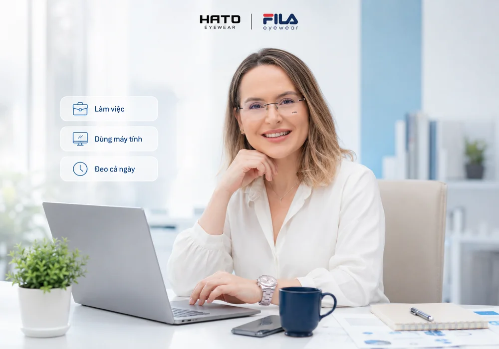 Ảnh minh họa blog về gọng kính Fila cho dân văn phòng, phù hợp làm việc, dùng máy tính và đeo thoải mái cả ngày tại Hato Eyewear.