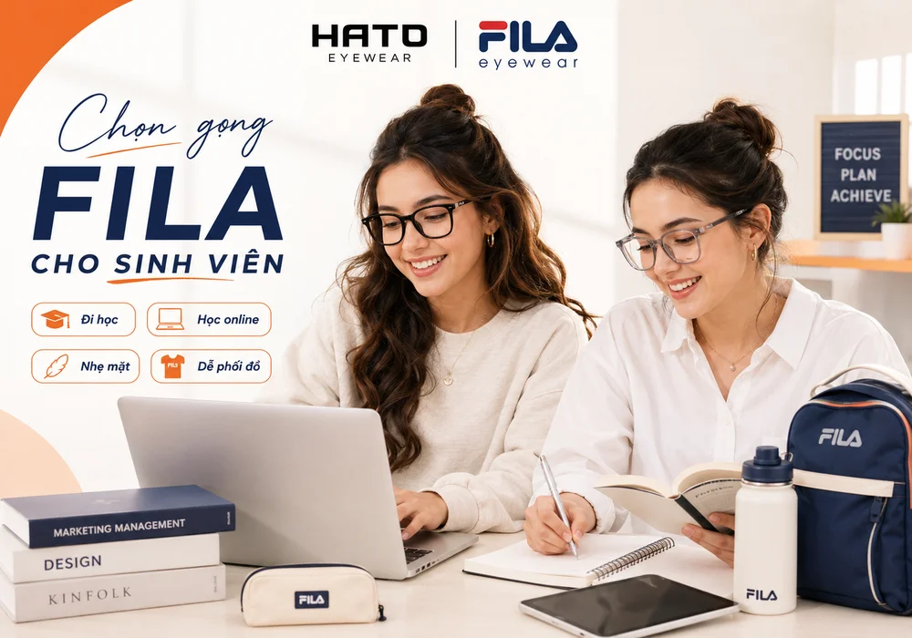 Hai bạn trẻ đeo gọng kính Fila chính hãng trong góc học tập hiện đại, phù hợp cho học sinh và sinh viên