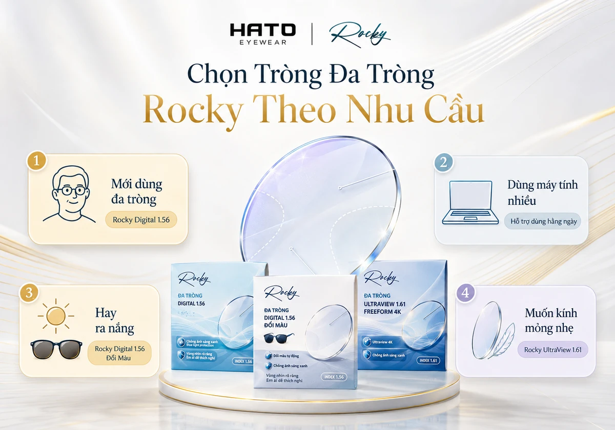 Chọn tròng đa tròng Rocky theo nhu cầu sử dụng tại Hato Eyewear, gồm người mới dùng đa tròng, dùng máy tính nhiều, hay ra nắng và muốn kính mỏng nhẹ.