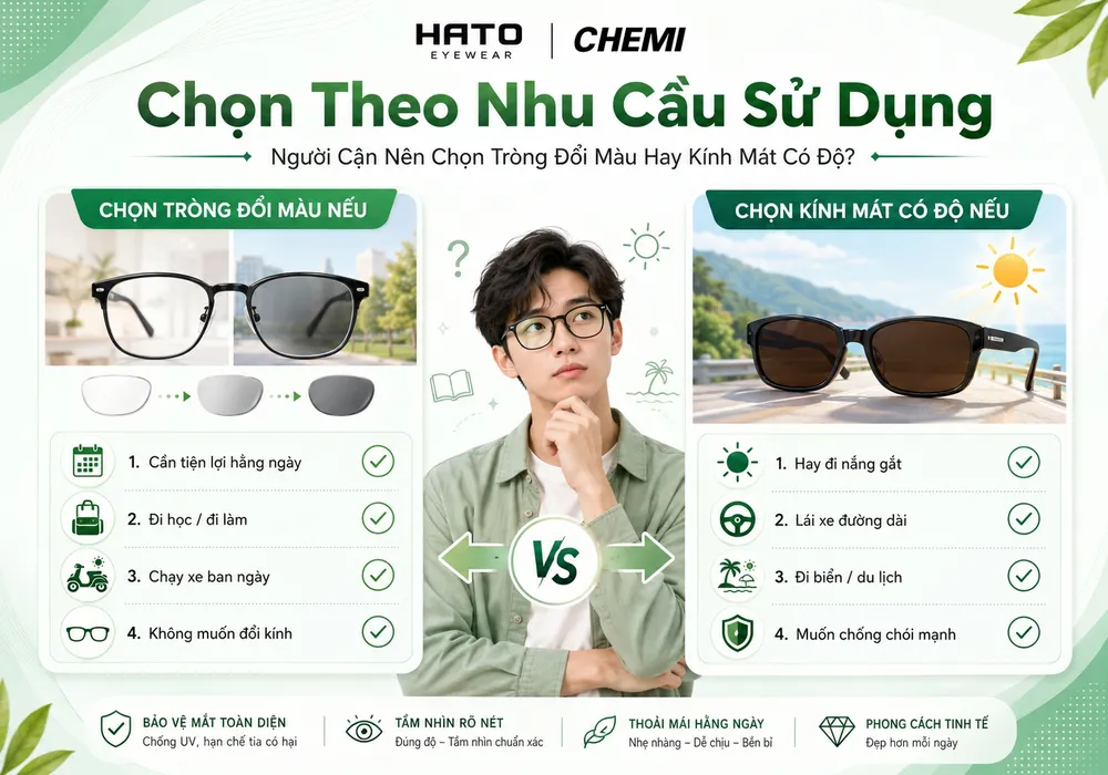 Người cận nên chọn tròng đổi màu hay kính mát có độ theo nhu cầu sử dụng hằng ngày, đi học, đi làm, lái xe và đi nắng.