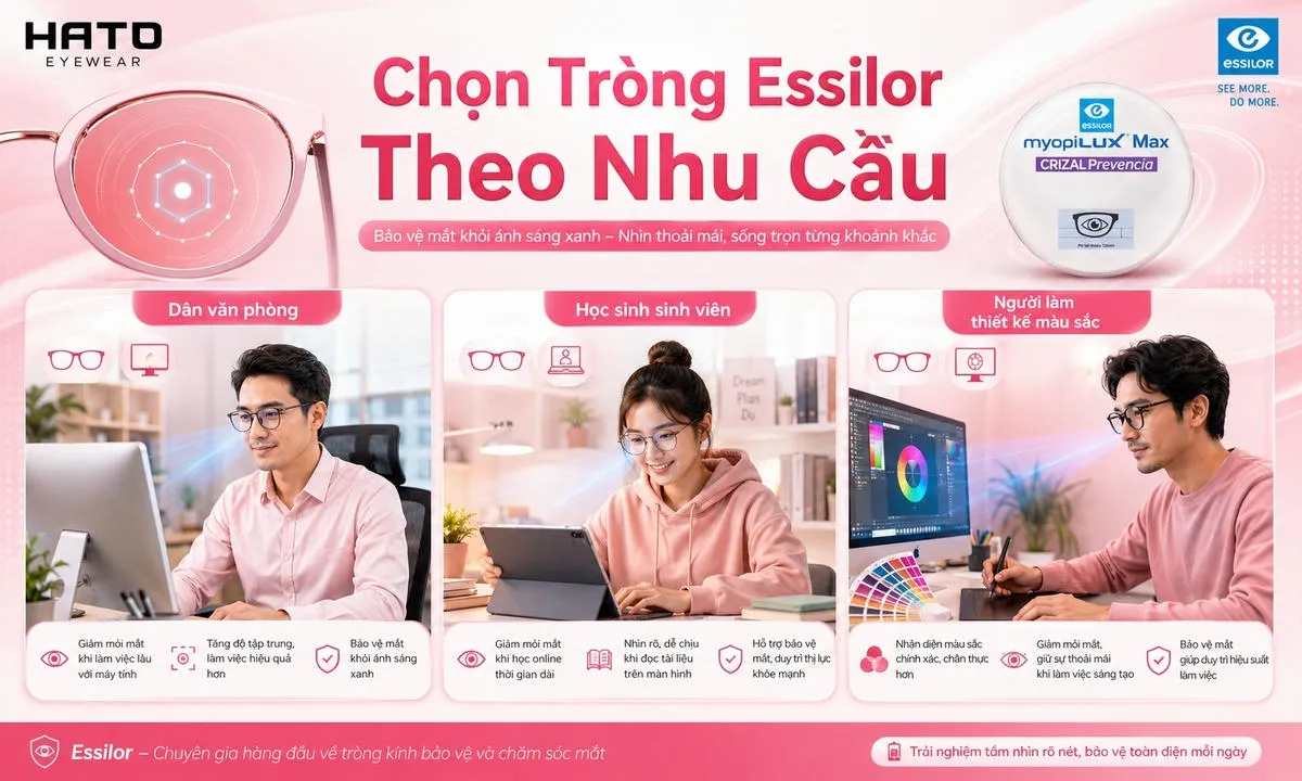Chọn tròng kính chống ánh sáng xanh Essilor theo nhu cầu cho dân văn phòng, học sinh sinh viên và người làm thiết kế màu sắc.