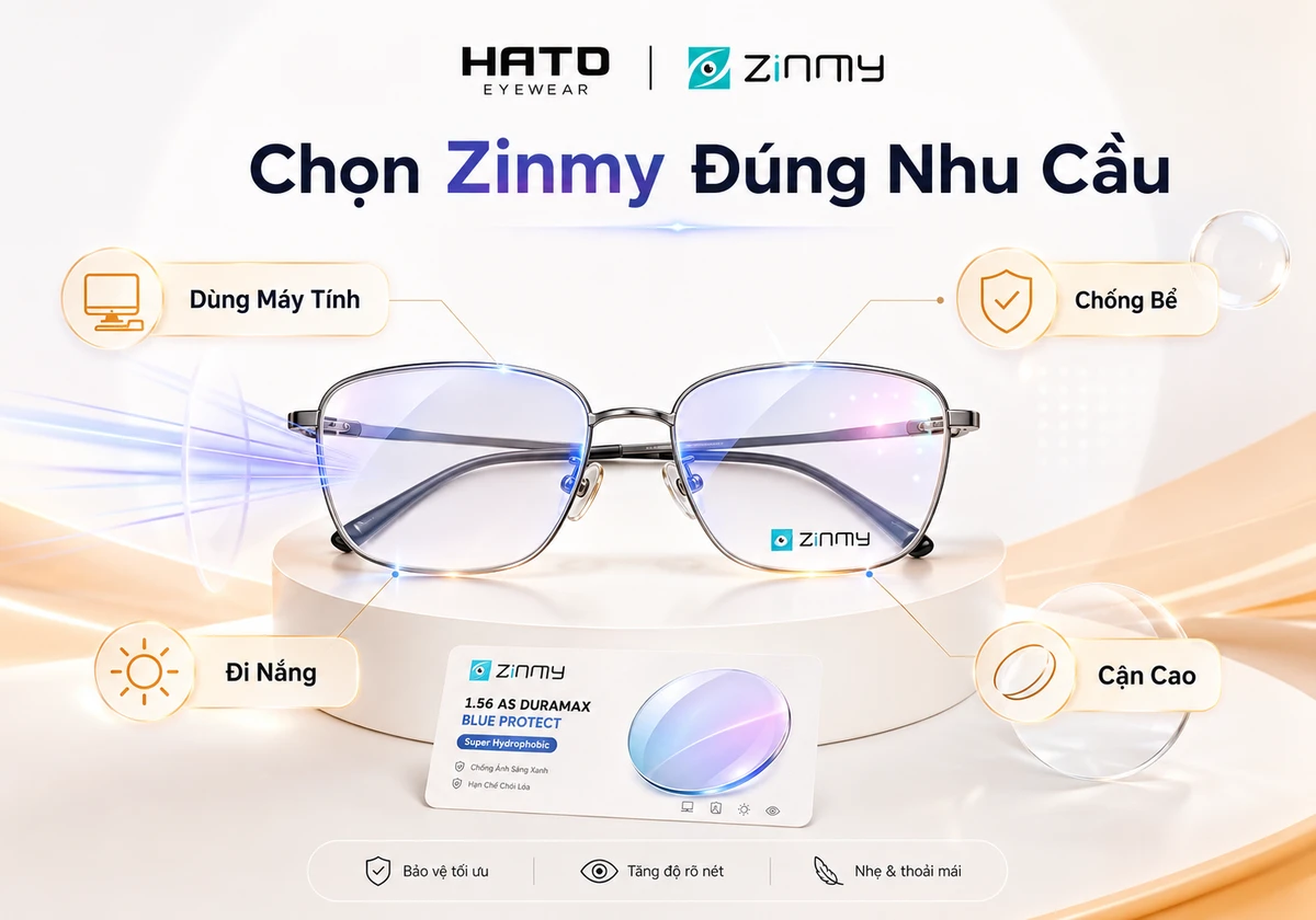 Hình ảnh minh họa blog Chọn Tròng Kính Zinmy Theo Nhu Cầu, giúp người dùng dễ định hướng lựa chọn tròng Zinmy phù hợp cho nhu cầu dùng máy tính, chống bể, đi nắng và cận cao. Thiết kế hiện đại, sạch, phù hợp website Hato Eyewear.
