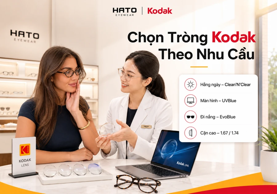 Khách hàng được chuyên viên tư vấn chọn tròng kính Kodak theo nhu cầu tại cửa hàng Hato Eyewear
