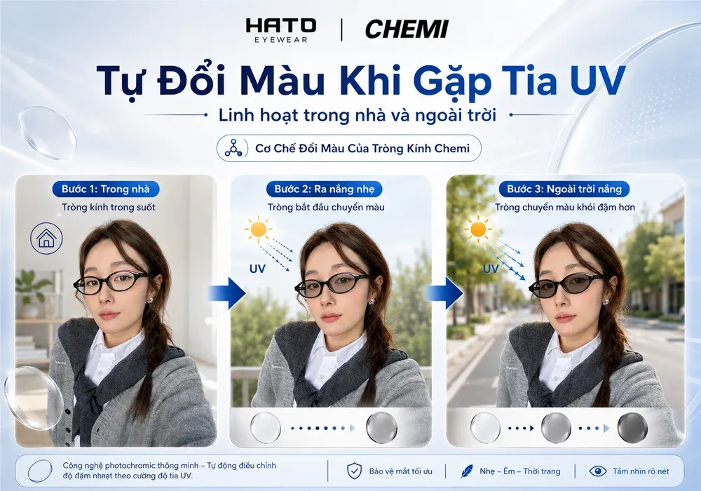 Infographic cơ chế đổi màu của tròng kính Chemi với 3 bước: trong nhà trong suốt, ra nắng nhẹ bắt đầu đổi màu và ngoài trời nắng chuyển sang màu khói đậm hơn.