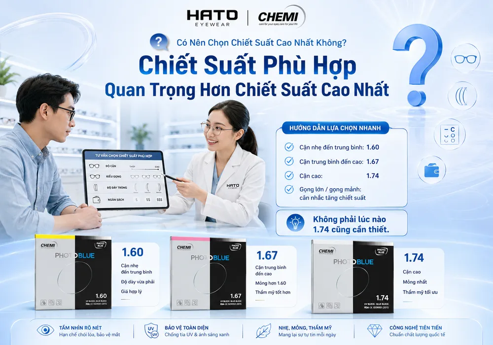 Có nên chọn chiết suất cao nhất không? Hướng dẫn chọn chiết suất 1.60, 1.67, 1.74 theo độ cận và kiểu gọng.