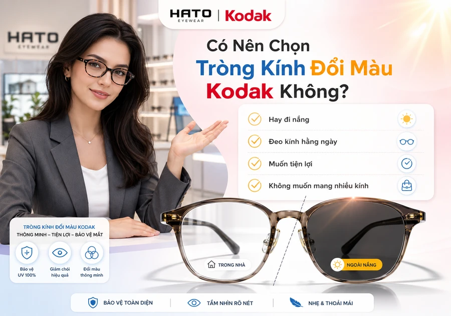 Có nên chọn tròng kính đổi màu Kodak không với bảng checklist tư vấn và kính cận lắp tròng đổi màu Kodak