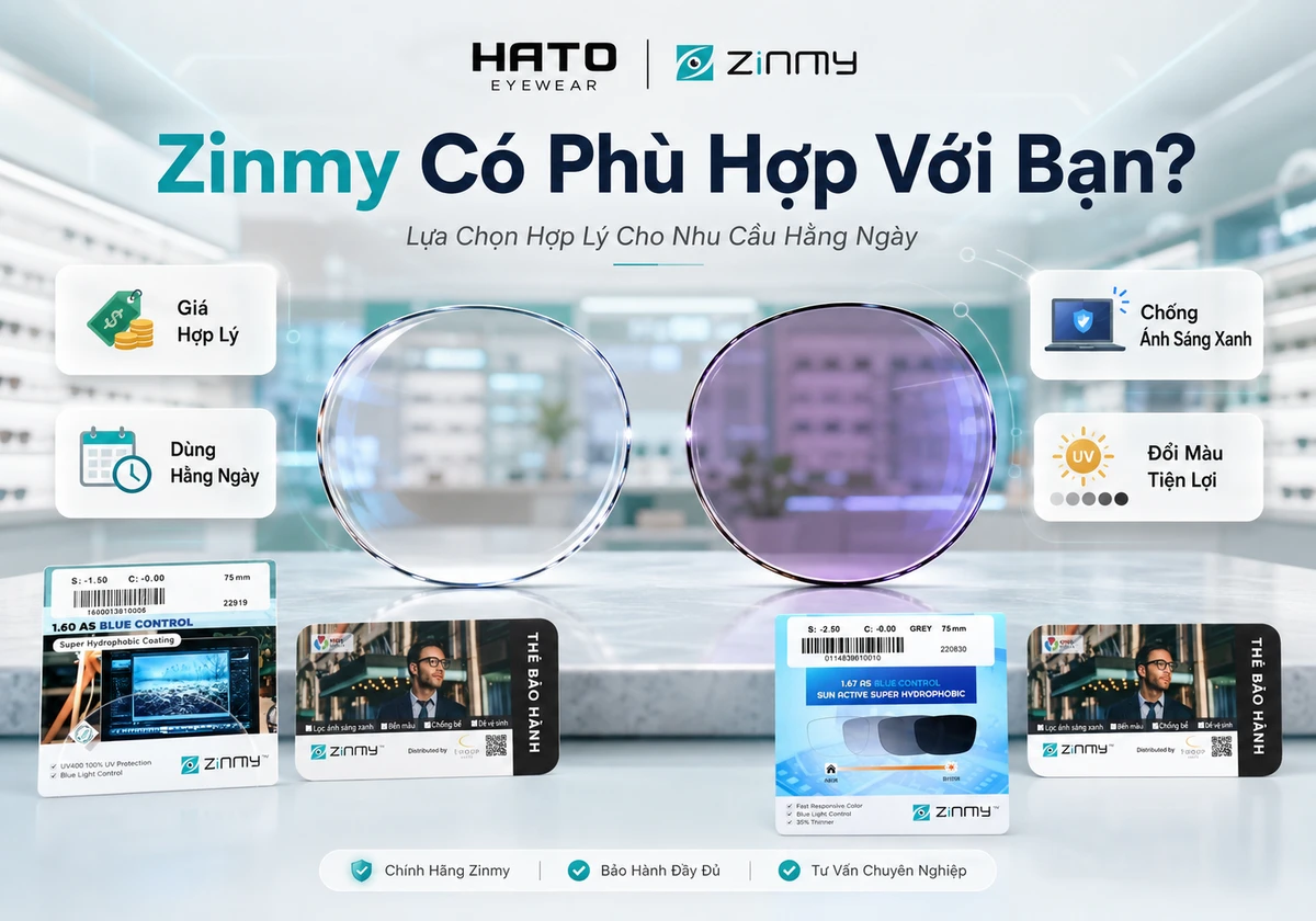 Ảnh minh họa blog về tròng kính Zinmy tại Hato Eyewear, thể hiện các ưu điểm nổi bật như giá hợp lý, dùng hằng ngày, chống ánh sáng xanh và đổi màu tiện lợi. Phù hợp cho nội dung tư vấn chọn mua tròng kính Zinmy theo nhu cầu sử dụng thực tế.