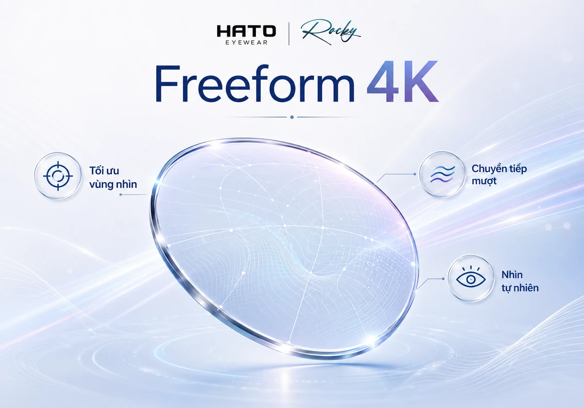 Ảnh minh họa công nghệ Freeform 4K trên tròng kính Rocky Ultraview với thiết kế quang học hiện đại, tối ưu vùng nhìn và chuyển tiếp mượt mà.