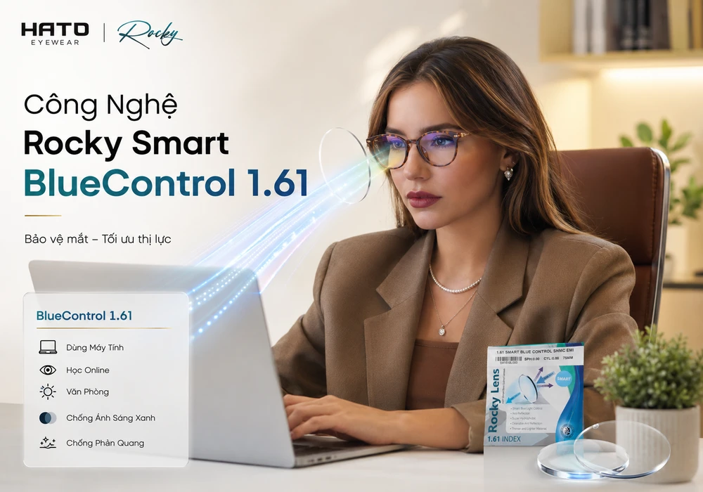Tròng Kính Rocky Chống Ánh Sáng Xanh Có Gì Nổi Bật? Công nghệ Rocky Smart BlueControl 1.61 tại HATO Eyewear hỗ trợ lọc ánh sáng xanh khi dùng máy tính, học online và làm việc văn phòng.