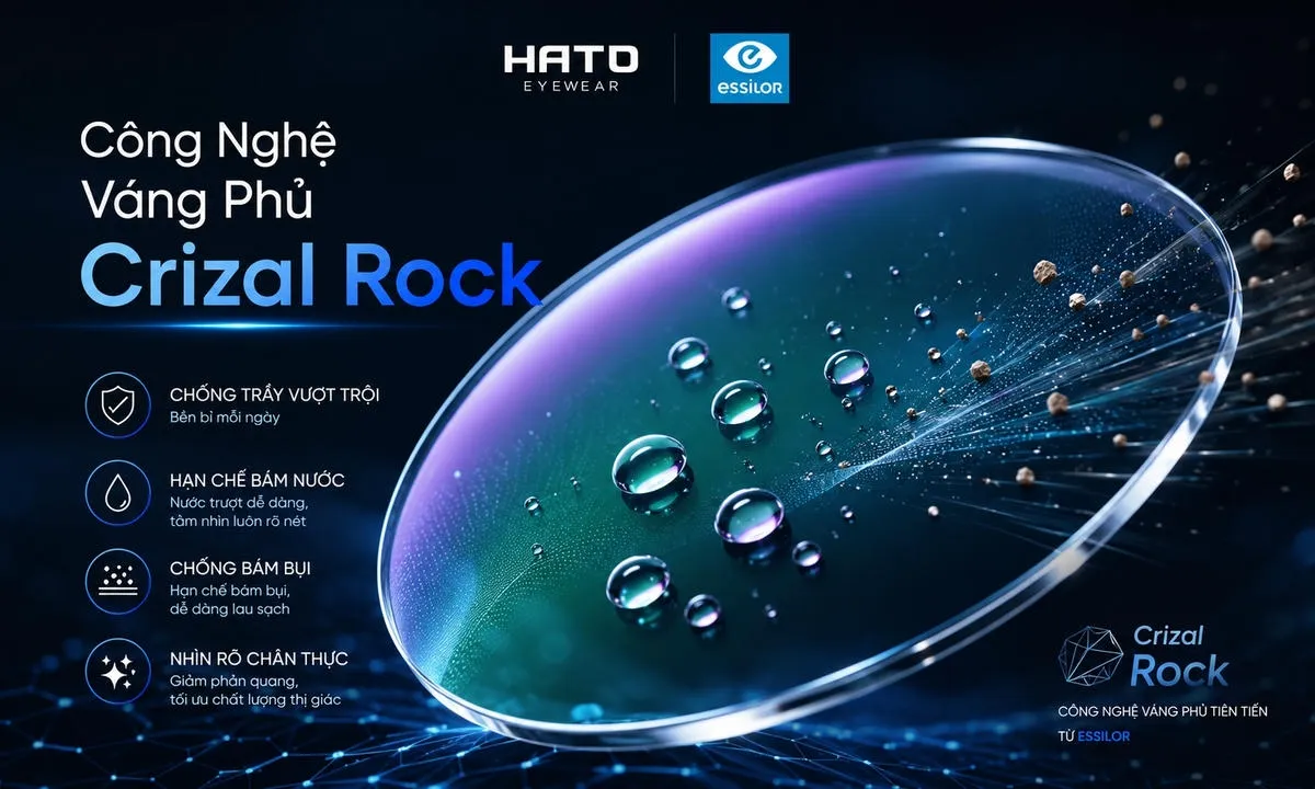 Ảnh minh họa blog về công nghệ váng phủ Crizal Rock của Essilor, thể hiện bề mặt tròng kính cao cấp với hiệu ứng chống bám nước, chống bám bụi và lớp phủ xanh tím sang trọng.