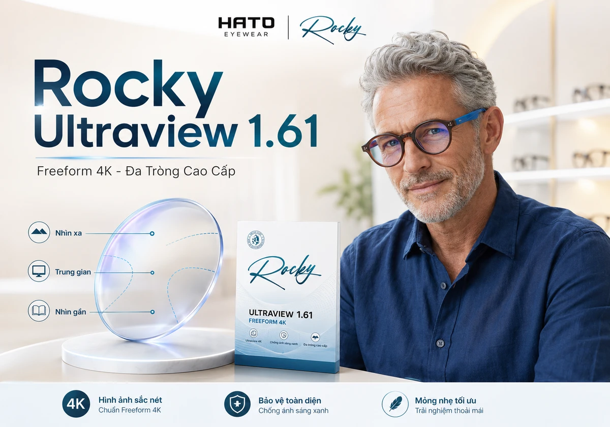 Người trung niên đeo kính đa tròng Rocky Ultraview 1.61 Freeform 4K tại Hato Eyewear