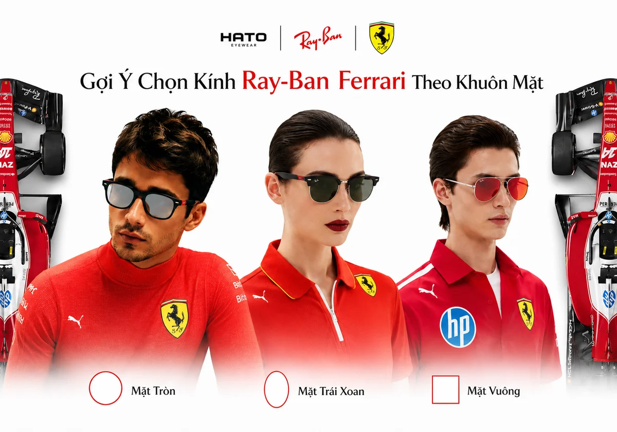 Gợi ý chọn kính Ray-Ban Ferrari theo khuôn mặt với 3 kiểu mặt phổ biến gồm mặt tròn, mặt trái xoan và mặt vuông tại Hato Eyewear.