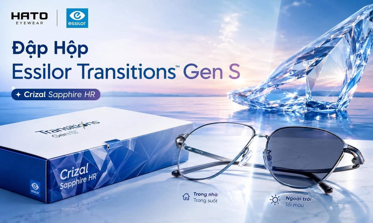 Ảnh đại diện blog đập hộp tròng kính đổi màu Essilor Transitions Gen S Crizal Sapphire HR với hộp sản phẩm cao cấp, gọng kính lắp tròng đổi màu và hiệu ứng một bên tròng trong suốt, một bên tròng sẫm màu.