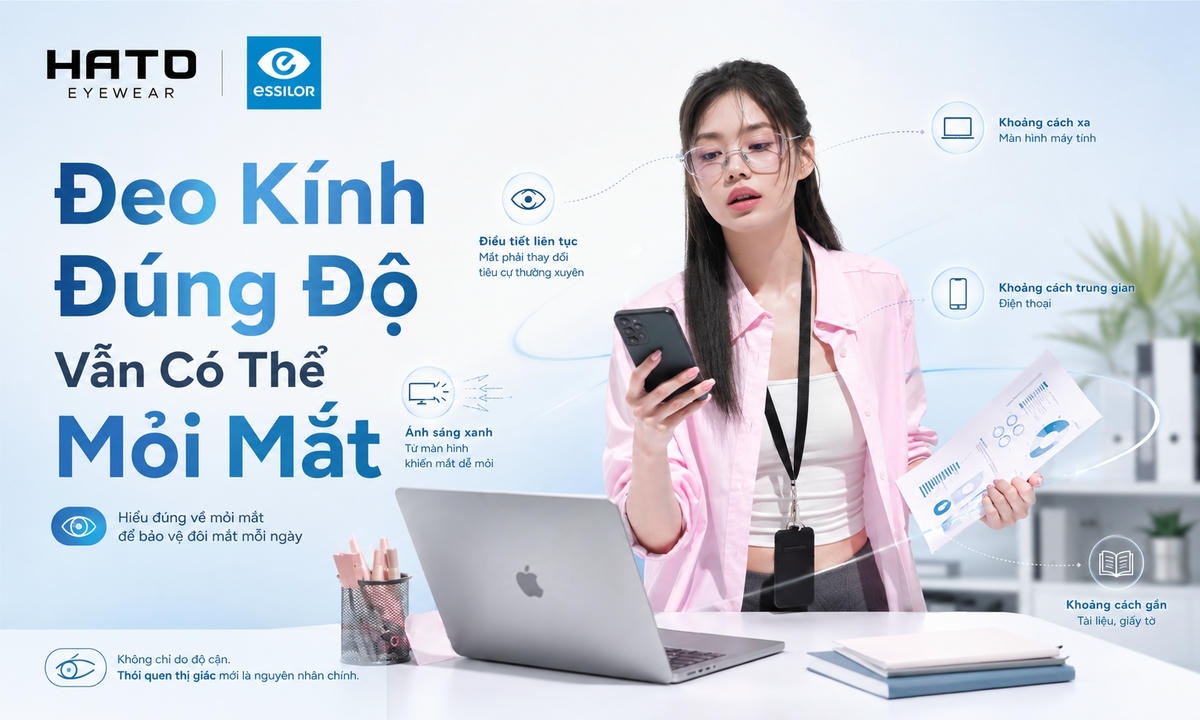 Ảnh minh họa người đeo kính đang làm việc với laptop, điện thoại và tài liệu cùng lúc, thể hiện việc mắt phải chuyển đổi liên tục giữa nhiều khoảng nhìn và có thể gây mỏi mắt.