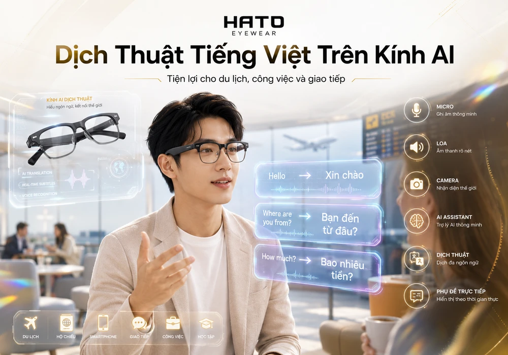 Ảnh minh họa người dùng đeo kính thông minh hiển thị phụ đề dịch tiếng Việt trực tiếp trong bối cảnh giao tiếp quốc tế hiện đại.