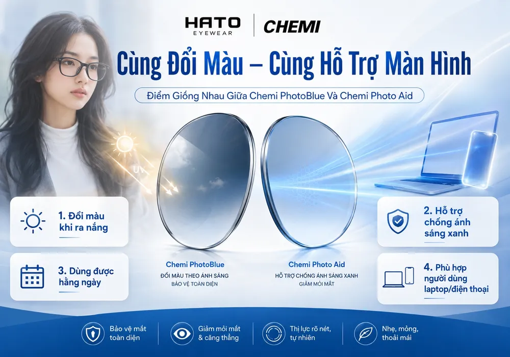 Ảnh minh họa điểm giống nhau giữa Chemi PhotoBlue và Chemi Photo Aid với các lợi ích như đổi màu khi ra nắng, hỗ trợ chống ánh sáng xanh và dùng hằng ngày