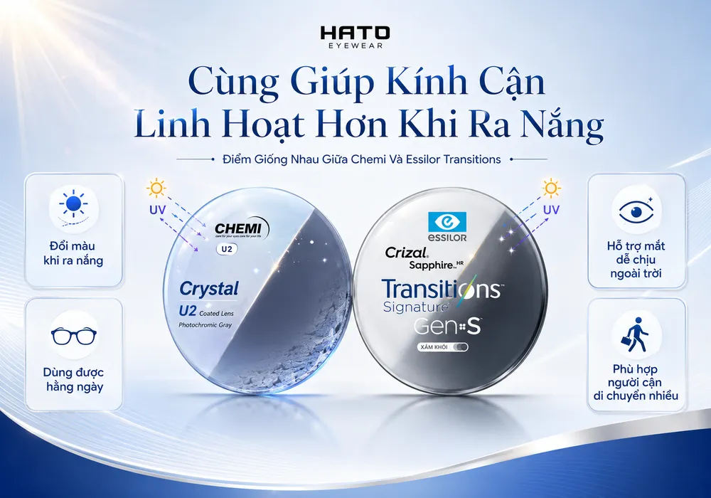 Điểm giống nhau giữa tròng kính đổi màu Chemi và Essilor Transitions khi ra nắng