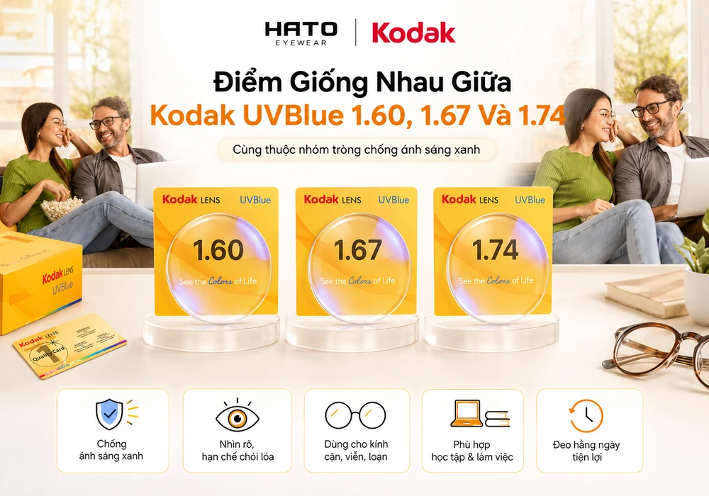Điểm giống nhau giữa tròng kính Kodak UVBlue 1.60, 1.67 và 1.74 với khả năng chống ánh sáng xanh, nhìn rõ và dùng hằng ngày