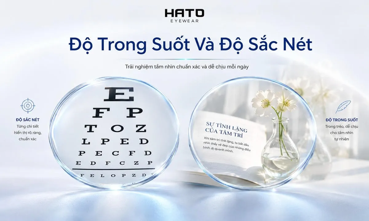 Ảnh minh họa blog về độ trong suốt và độ sắc nét của tròng kính Essilor, thể hiện hai tròng kính cao cấp trong suốt trên nền bảng kiểm tra thị lực, giúp làm nổi bật khả năng hiển thị rõ nét, trong trẻo và dễ chịu khi nhìn.