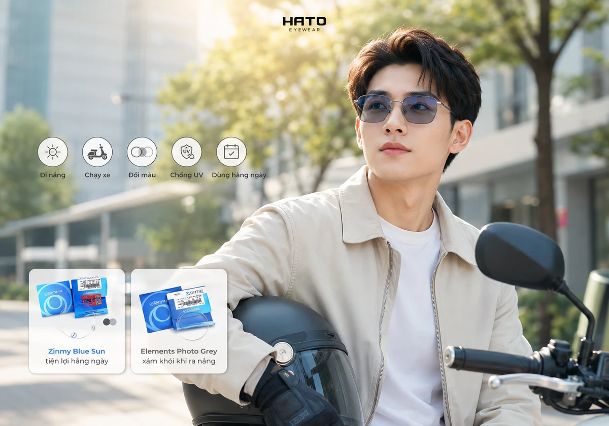 Người mẫu đeo kính tròng đổi màu ngoài trời khi chạy xe, so sánh Zinmy Blue Sun và Elements Photo Grey tại Hato Eyewear