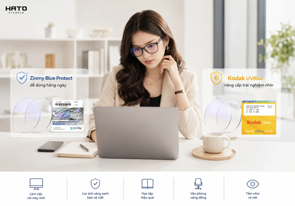 Ảnh minh họa người dùng máy tính đeo kính so sánh Zinmy Blue Protect và Kodak UVBlue tại Hato Eyewear