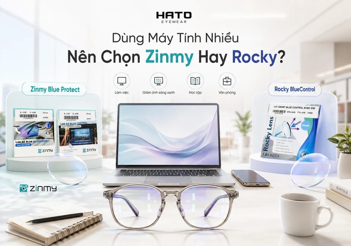 Ảnh minh họa blog “Dùng Máy Tính Nhiều Nên Chọn Zinmy Hay Rocky?” tại Hato Eyewear. Nội dung thể hiện bàn làm việc văn phòng hiện đại cùng hai lựa chọn tròng kính chống ánh sáng xanh phổ biến là Zinmy Blue Protect và Rocky BlueControl, phù hợp cho người học tập, làm việc với màn hình máy tính và cần hỗ trợ giảm ánh sáng xanh.