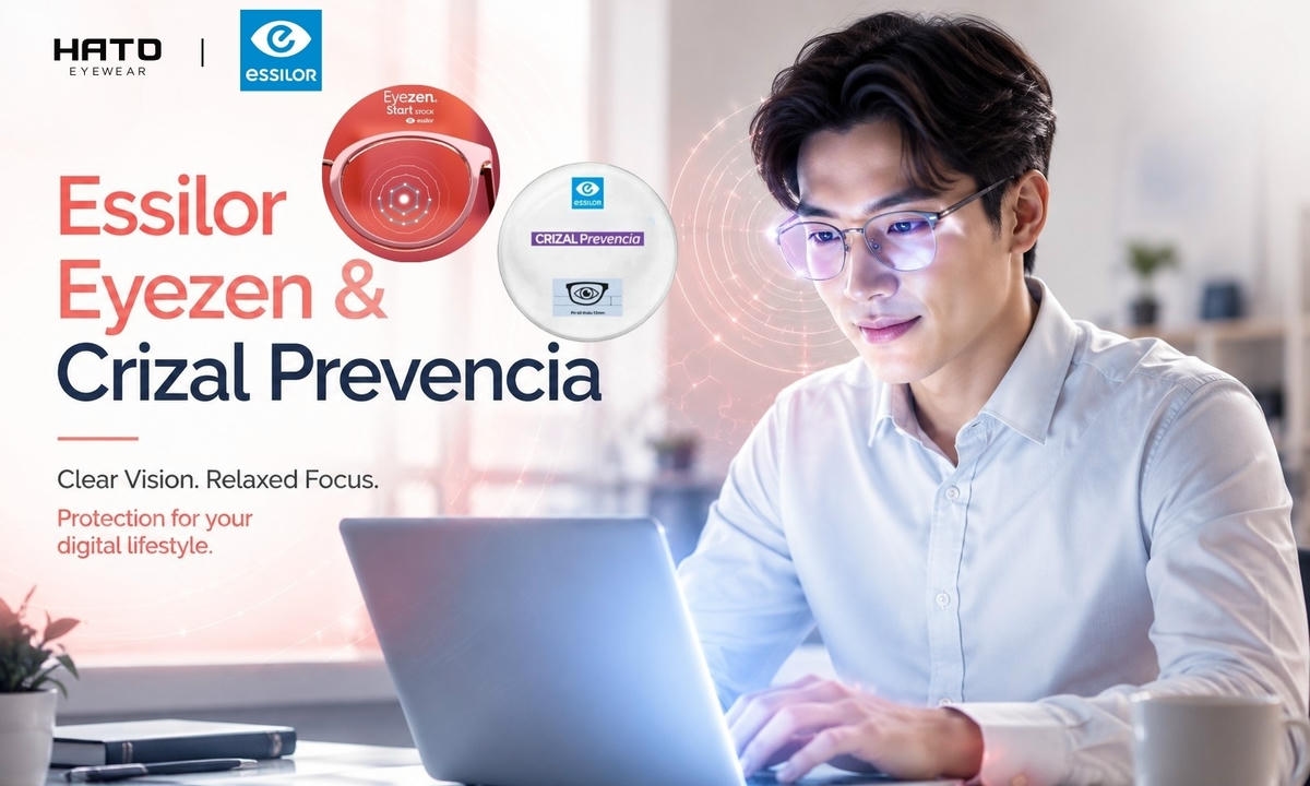 Người trẻ đeo kính Essilor Eyezen và Crizal Prevencia làm việc trước laptop trong văn phòng hiện đại