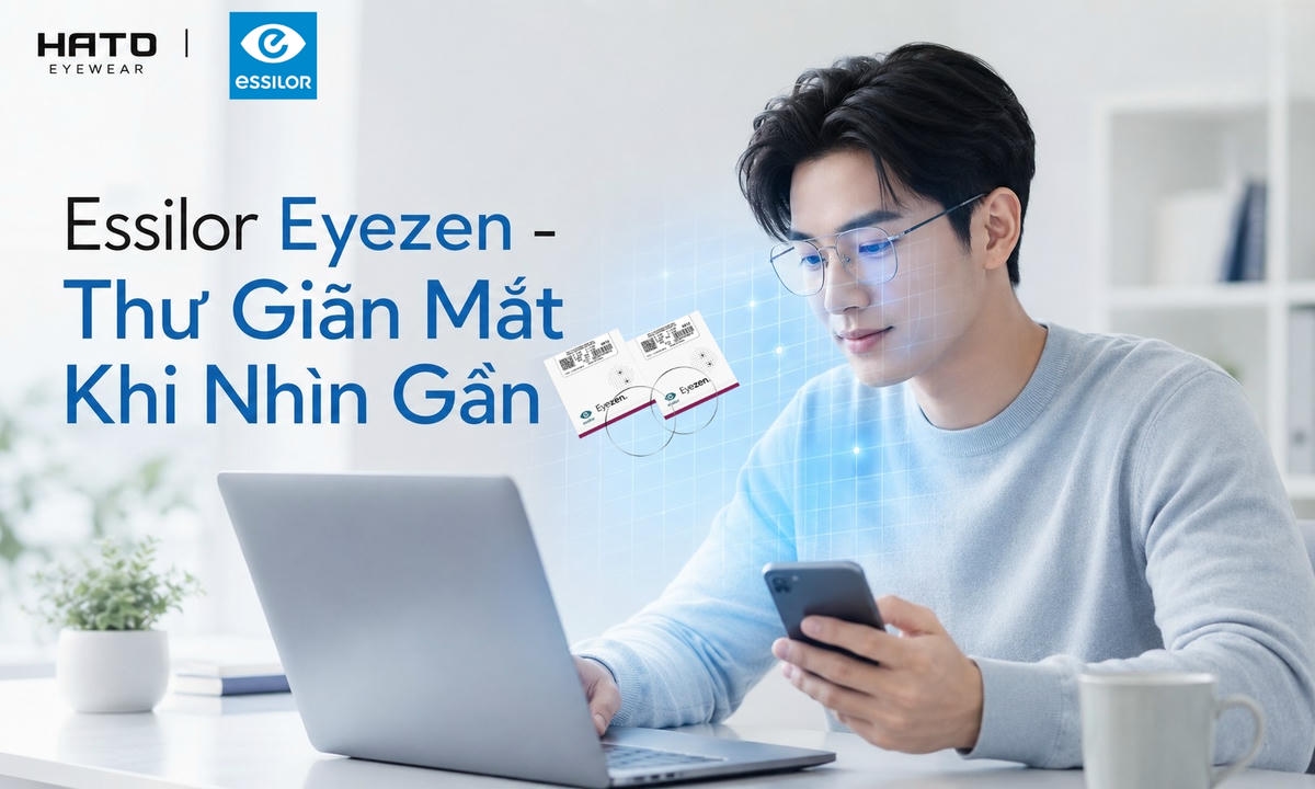 Ảnh minh họa tròng kính Essilor Eyezen giúp mắt thư giãn khi nhìn gần và sử dụng thiết bị kỹ thuật số trong thời gian dài, phù hợp cho người thường xuyên làm việc với laptop và điện thoại tại HATO Eyewear.