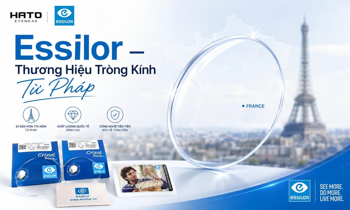 Essilor là thương hiệu tròng kính từ Pháp với hình ảnh tròng kính trong suốt, bản đồ Pháp và tháp Eiffel cách điệu.