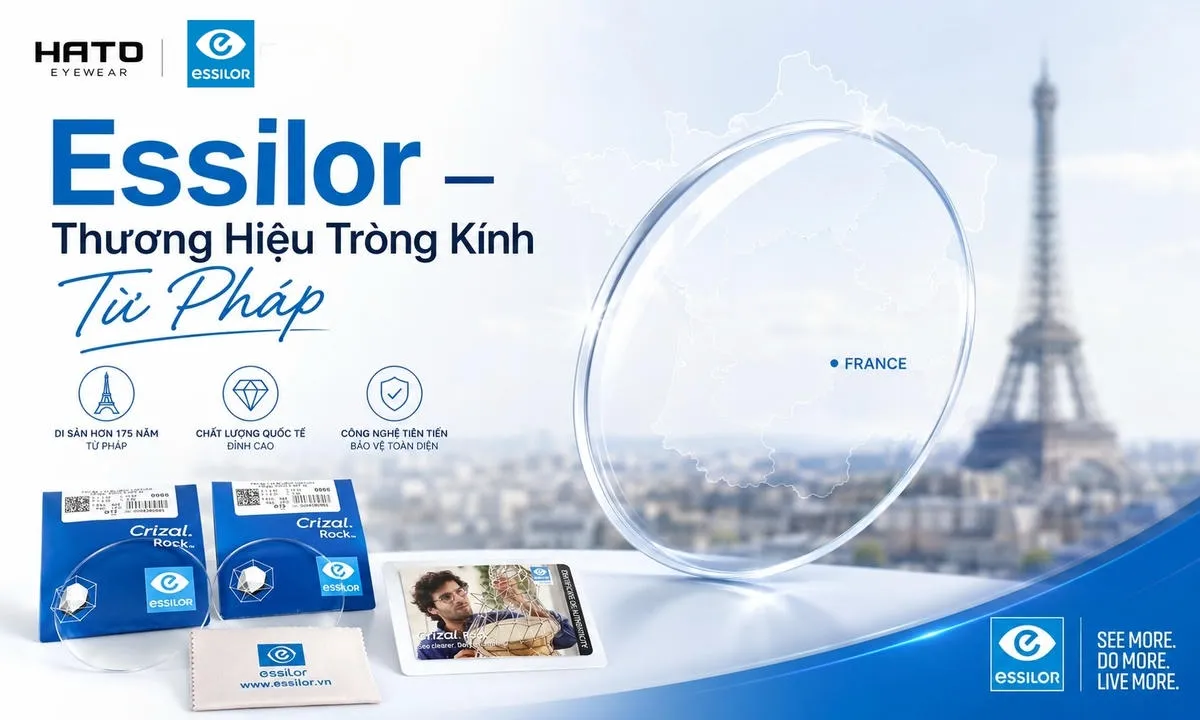 Essilor là thương hiệu tròng kính từ Pháp với hình ảnh tròng kính trong suốt, bản đồ Pháp và tháp Eiffel cách điệu.