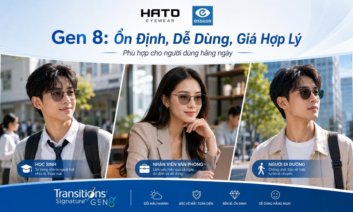 Essilor Transitions Gen 8 phù hợp cho học sinh, nhân viên văn phòng và người đi đường với khả năng đổi màu ổn định, dễ dùng hằng ngày.
