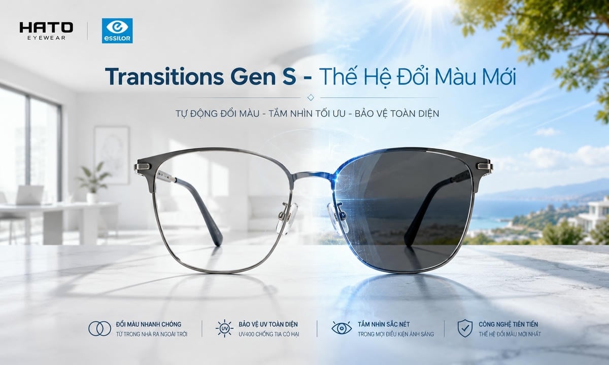 Ảnh minh họa tròng kính Essilor Transitions Gen S đổi màu từ trong suốt trong nhà sang màu sẫm khi ra ngoài trời, kèm logo HATO Eyewear và Essilor.