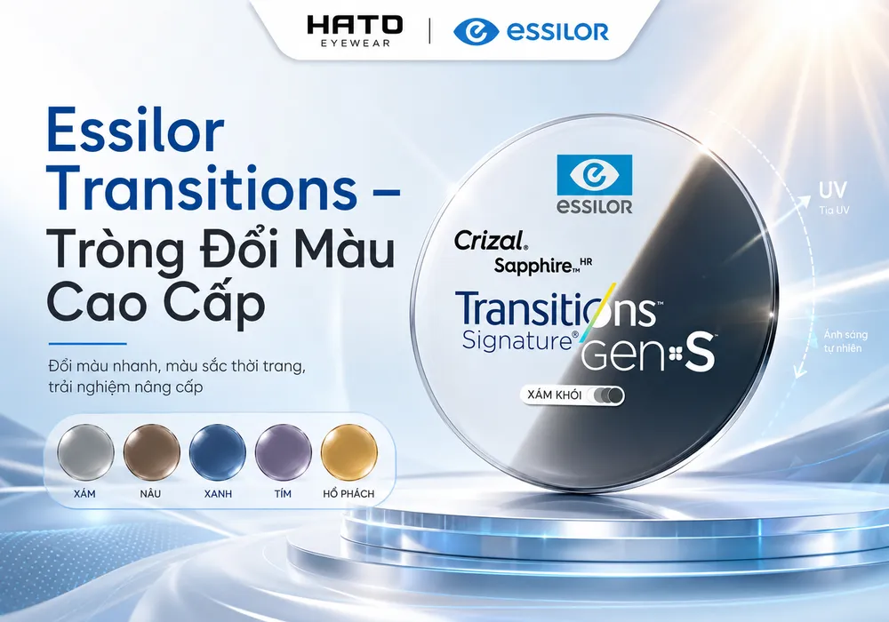 Ảnh minh họa chủ đề Essilor Transitions là gì, giới thiệu tròng kính đổi màu cao cấp Essilor Transitions Gen S với khả năng đổi màu nhanh, bảng màu thời trang và trải nghiệm thị giác nâng cấp tại HATO Eyewear.