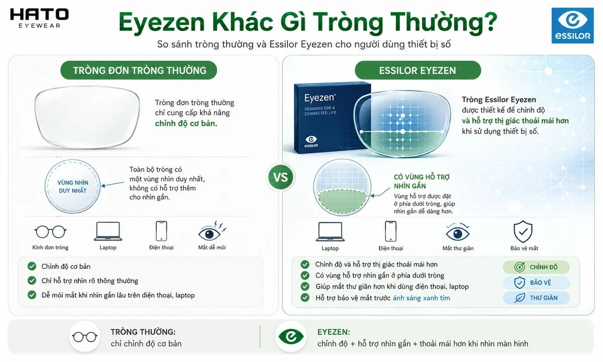 Ảnh so sánh tròng kính thường và Essilor Eyezen, minh họa Eyezen có thêm vùng hỗ trợ nhìn gần giúp mắt thoải mái hơn khi dùng laptop và điện thoại.
