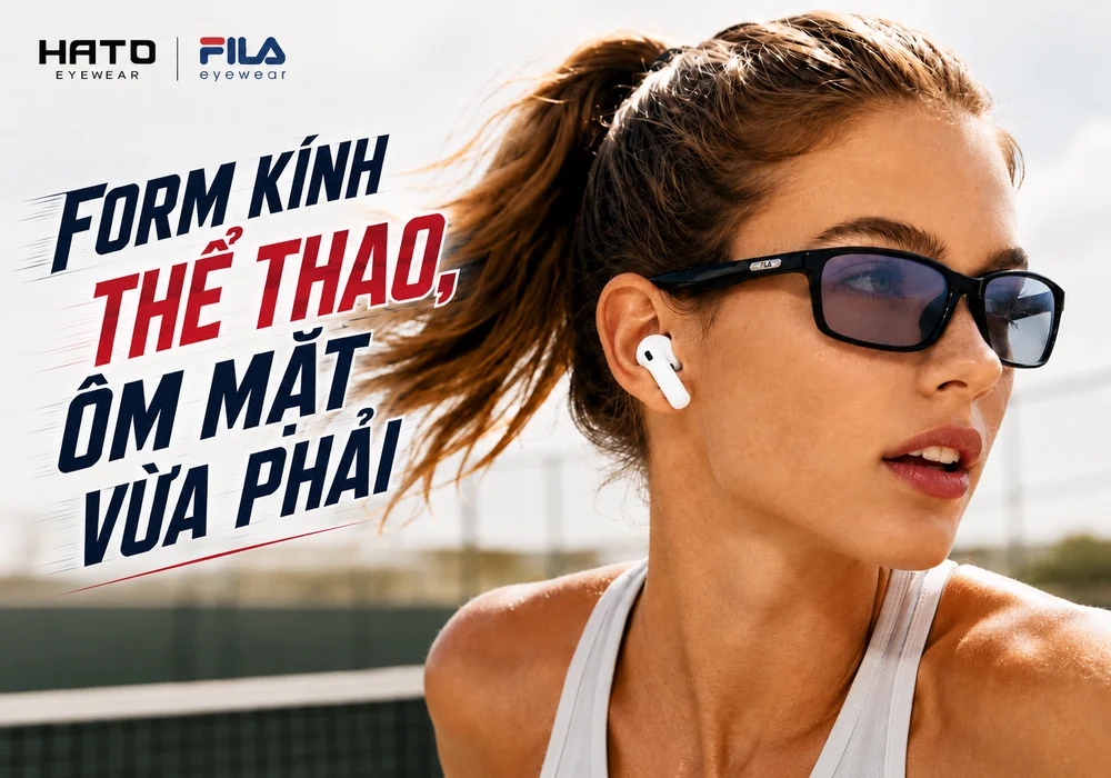 Người mẫu nữ đeo kính thể thao Fila form ôm mặt vừa phải, phong cách năng động tại Hato Eyewear