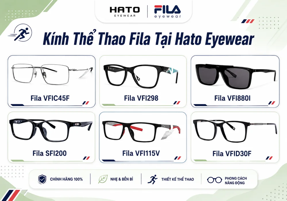 Ảnh infographic giới thiệu các sản phẩm kính thể thao Fila nổi bật tại Hato Eyewear, bao gồm 6 mẫu VFIC45F, VFI298, VFI880I, SFI200, VFI115V và VFID30F với thiết kế trẻ trung, thể thao và phù hợp nhu cầu sử dụng hằng ngày.