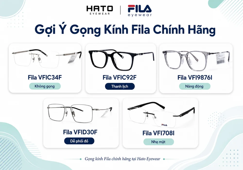 Infographic giới thiệu 5 mẫu gọng kính Fila chính hãng tại Hato Eyewear gồm Fila VFIC34F, VFIC92F, VFI9876I, VFID30F và VFI708I.