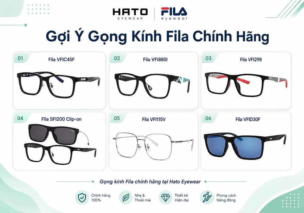Infographic gợi ý 6 mẫu gọng kính Fila chính hãng tại Hato Eyewear gồm Fila VFIC45F, VFI880I, VFI298, SFI200 Clip-on, VFI115V và VFID30F.