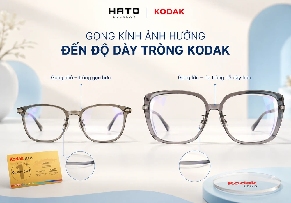 Ảnh minh họa so sánh gọng kính nhỏ và gọng kính lớn khi lắp tròng Kodak. Gọng nhỏ giúp tròng kính gọn hơn, trong khi gọng oversize có thể làm rìa tròng dễ dày hơn, đặc biệt với người có độ cận cao.