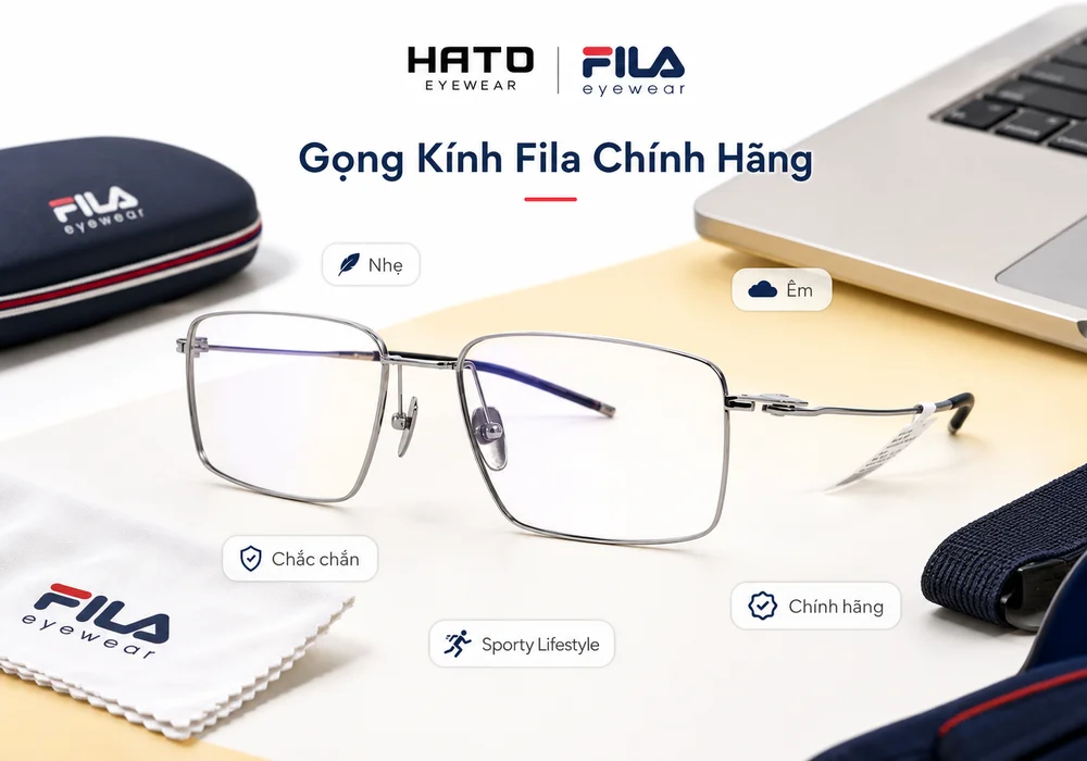 Ảnh minh họa gọng kính chính hãng Fila với thiết kế nhẹ, êm, chắc chắn và phong cách sporty lifestyle tại Hato Eyewear.