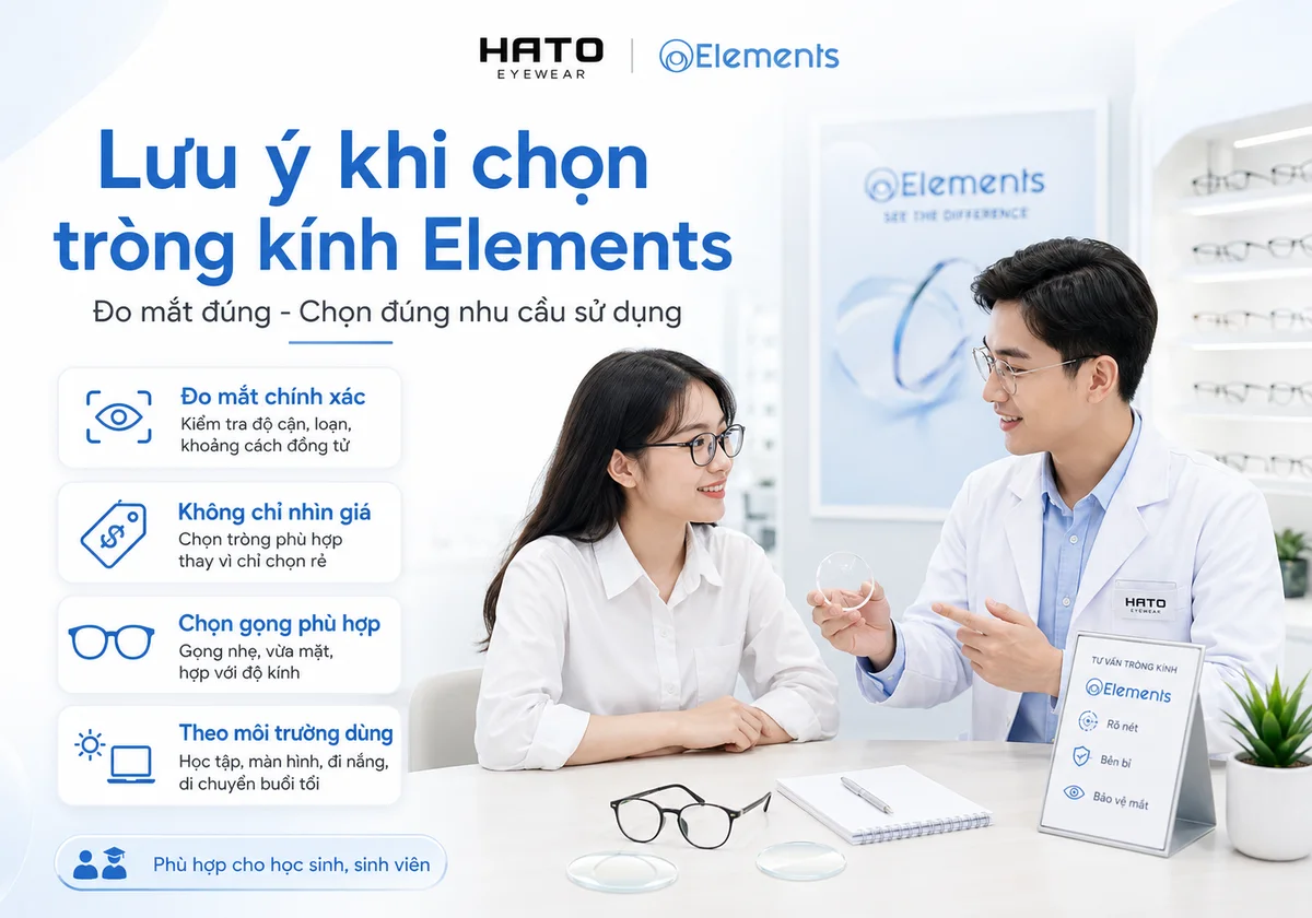 Tư vấn chọn tròng kính Elements cho học sinh, sinh viên với các lưu ý về đo mắt, chọn gọng, chọn tròng và nhu cầu sử dụng